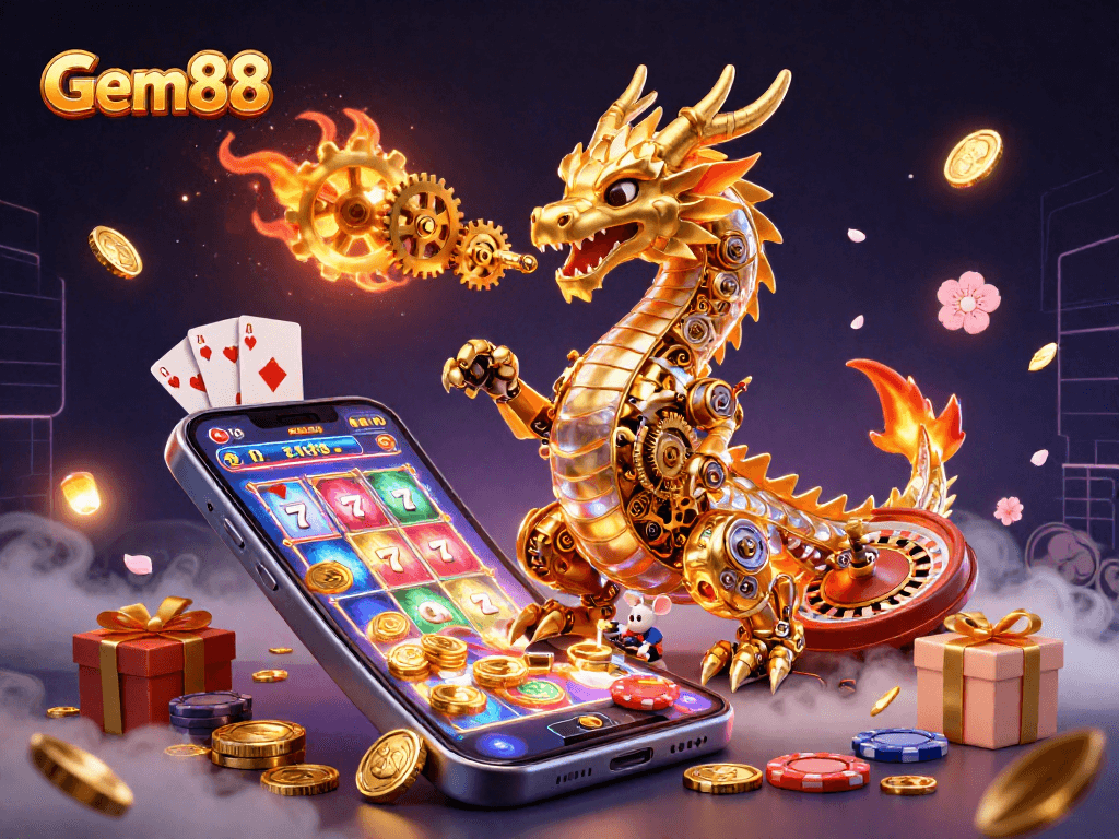 Gem88 showcases an enchanting scene with a golden dragon, slot games, and vibrant casino elements.