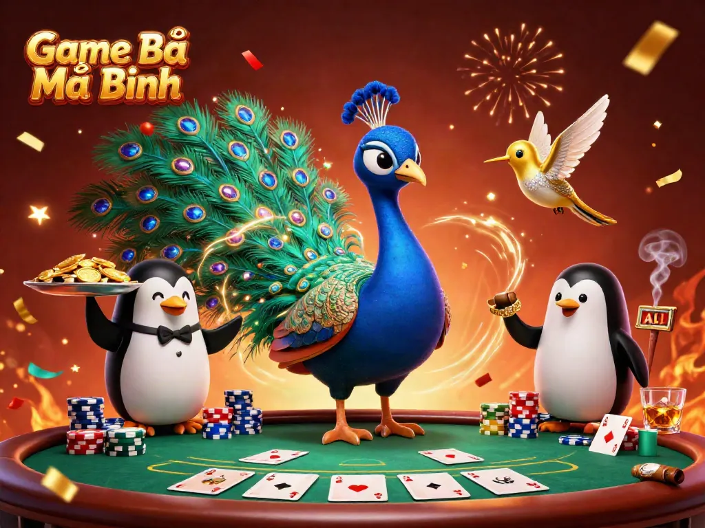 Experience the thrilling Game Bài Mậu Binh with vibrant characters and dynamic casino elements in this elaborate illustration.