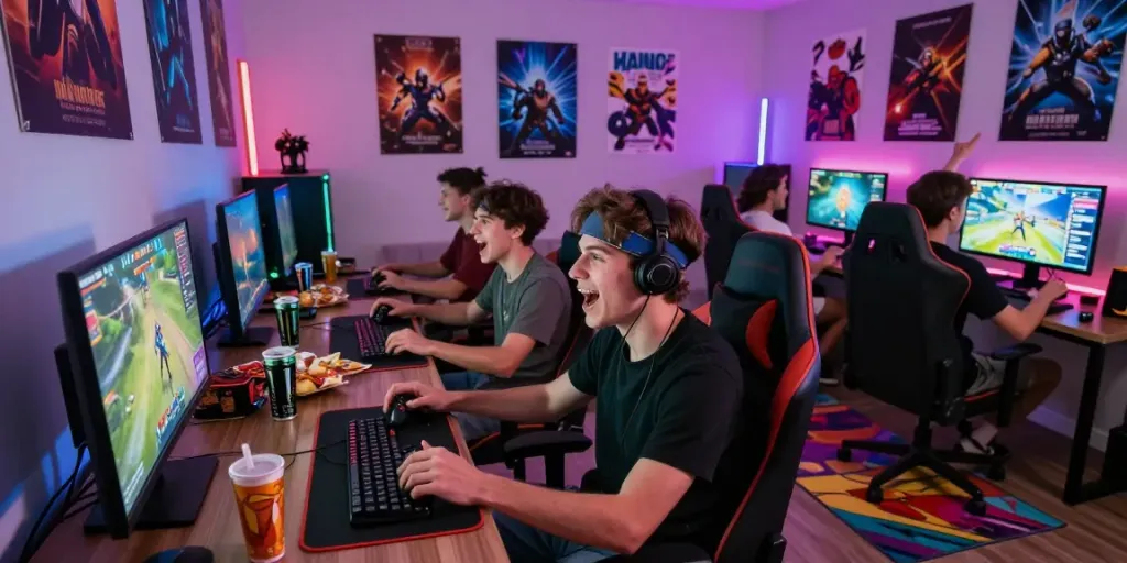 rokok88 login scene with friends enjoying a vibrant gaming session, showcasing excitement and competition.