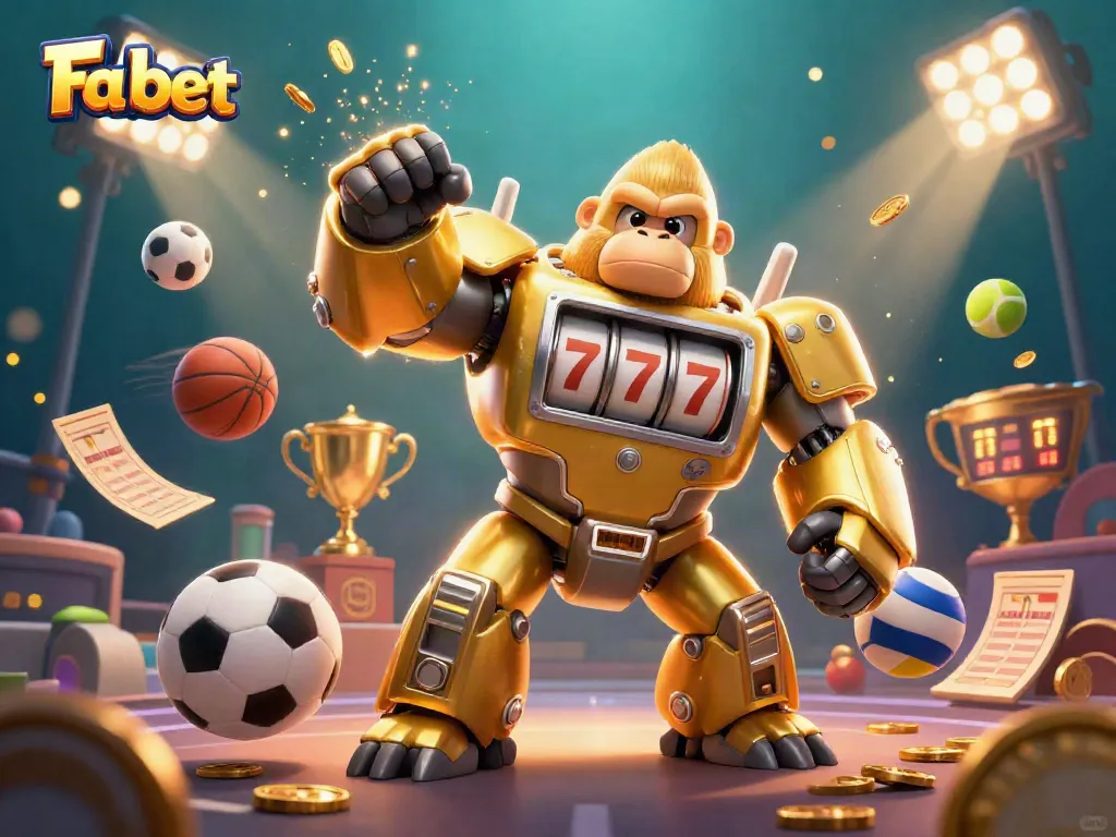 Experience exhilarating sports betting with Fa bet; a stunning visual of a golden gorilla mech in action.
