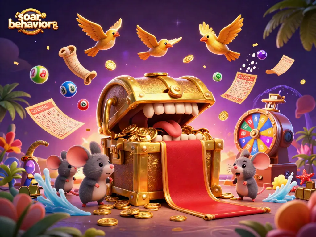 Experience the excitement of soarbehaviorwa with dynamic lottery elements and a treasure chest character in a thrilling casino scene.