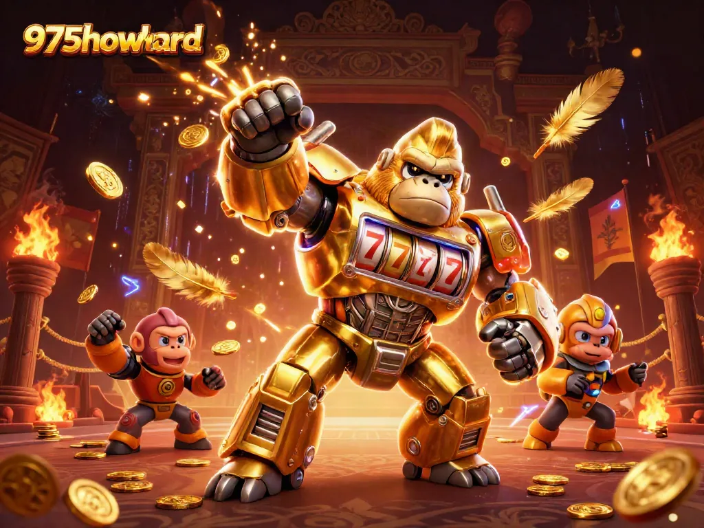 Watch the golden gorilla mech at 975howard launch coins in this thrilling casino battle scene.