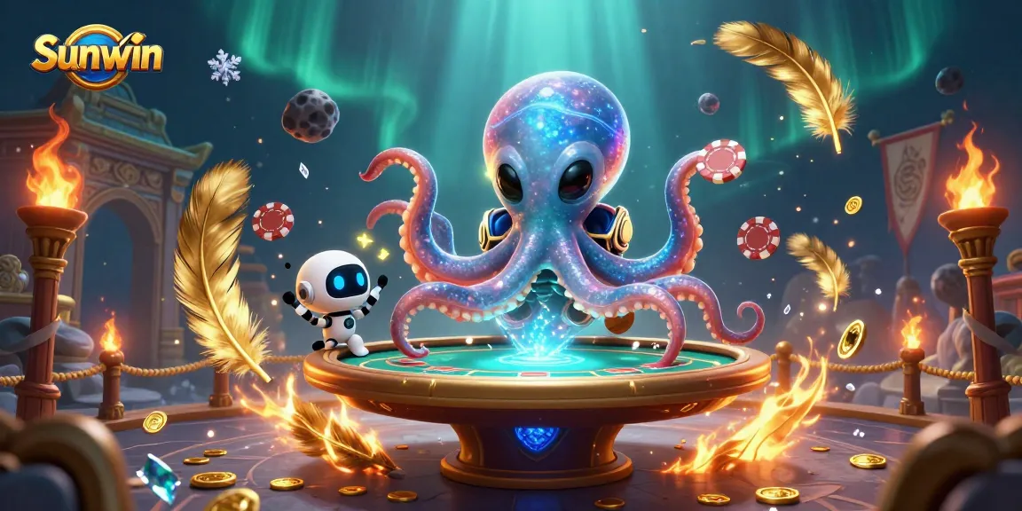 Experience Sunwin's vibrant casino action with animated alien octopus at a poker table.