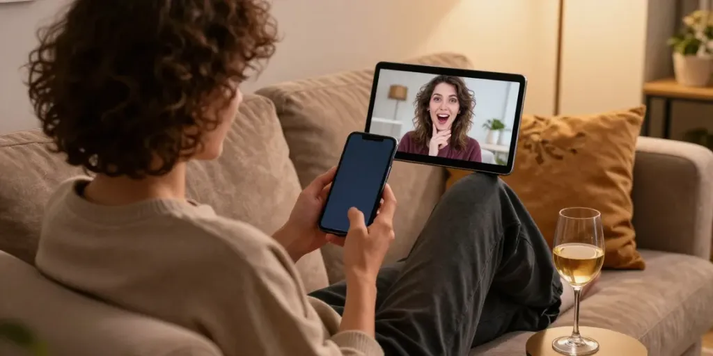 Engaging in a lively sex chat on a smartphone in an intimate setting.