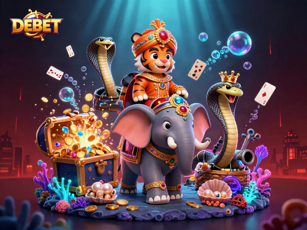 Engage with DEBET's winning strategies in a vibrant online gaming scene featuring a majestic tiger