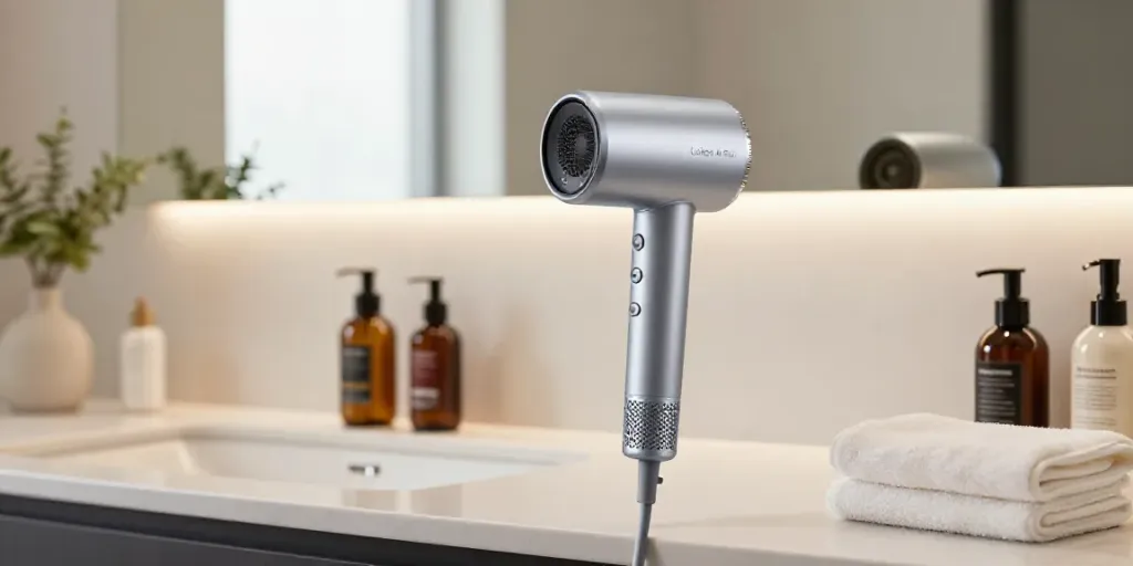 Moderne Badezimmer-Szene mit dem Laifen Air Pro Haartrockner und hochwertigen Haarpflegeprodukten