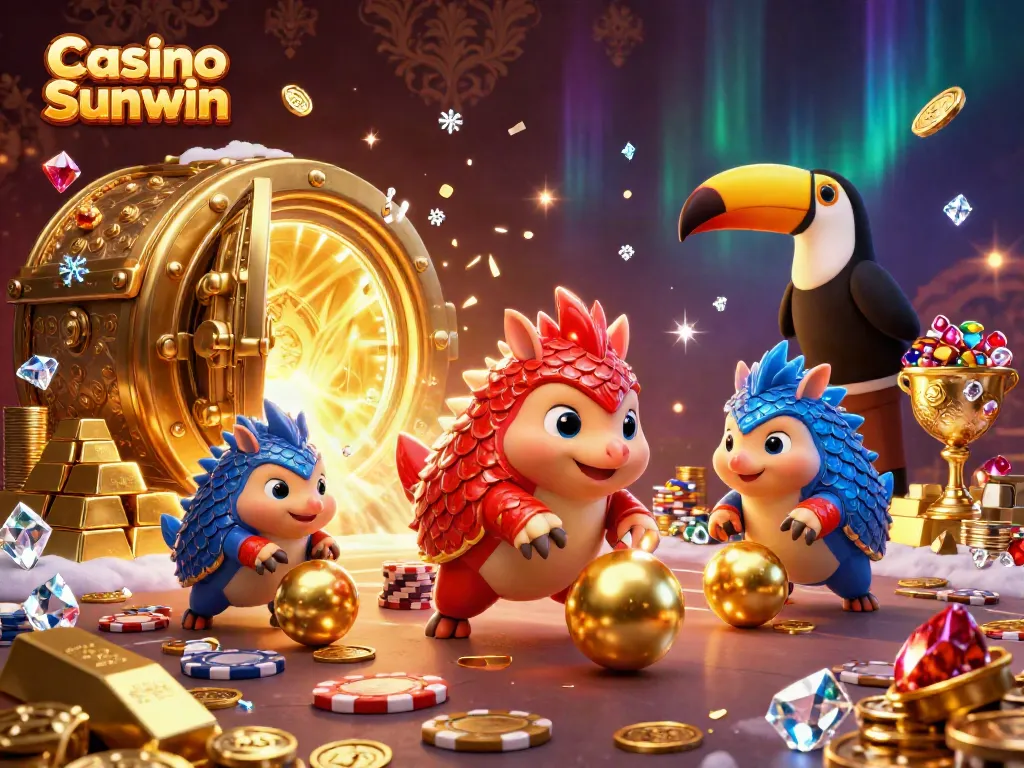 Experience the excitement of Casino Sunwin with playful pangolins and poker chips in a dazzling scene.