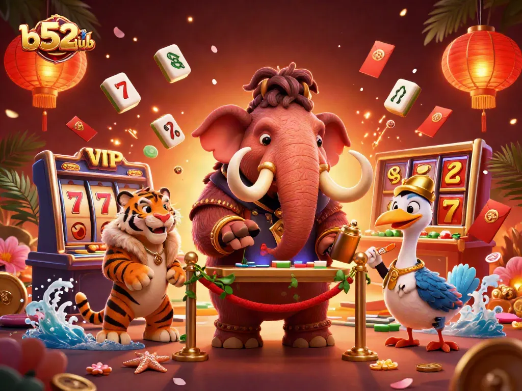 Watch the b52club bouncer check IDs in a vibrant casino setting filled with slot machines and festive elements.