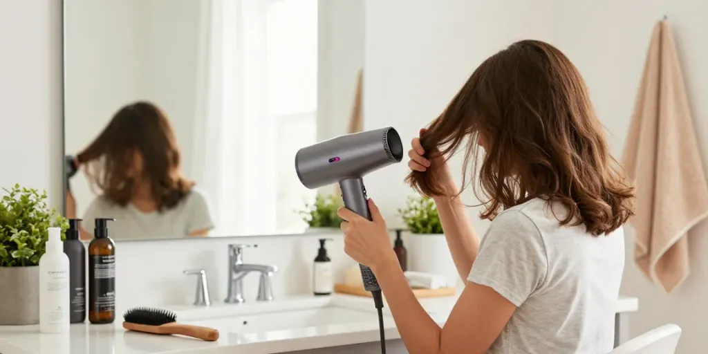 Eine Frau benutzt einen Ionen Haartrockner in einem hellen Badezimmer, um ihr Haar zu stylen.