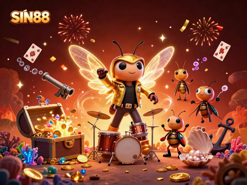 SIN88 engages players with a vibrant scene featuring a rock star cicada, music elements, and gambling treasures