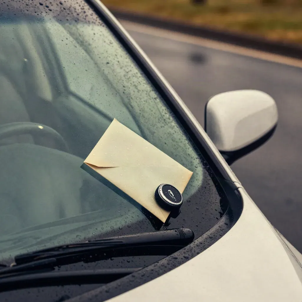 Parkscheibe und Strafzettel unterm Scheibenwischer auf nasser Autoscheibe im Regen