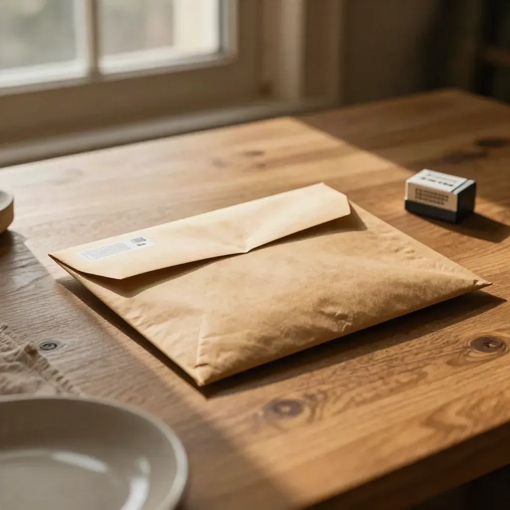 Kraftumschlag, Paket und Porto-Block auf einem Holztisch im warmen Nachmittagslicht.