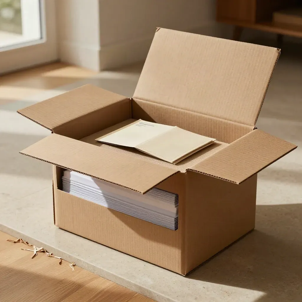 Geöffnete Geräteverpackung mit Rücksendeumschlag, Schaumstoff und Garantieheft im Eingangsbereich.