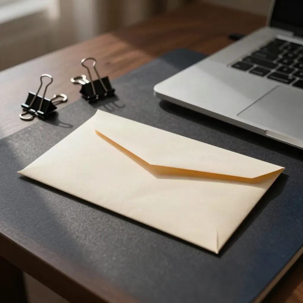 Ungeöffneter Inkasso-Brief neben geschlossenem Laptop und schwarzen Clips auf dunklem Schreibtisch.