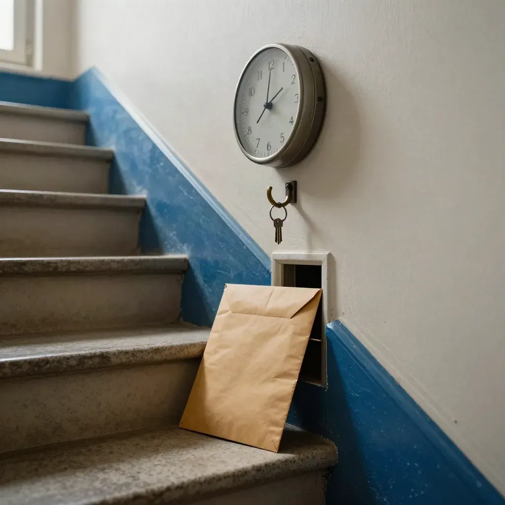 Treppenhaus mit Kündigungsbrief, Uhr, Türschlitz und Schlüsselhaken im Morgenlicht.