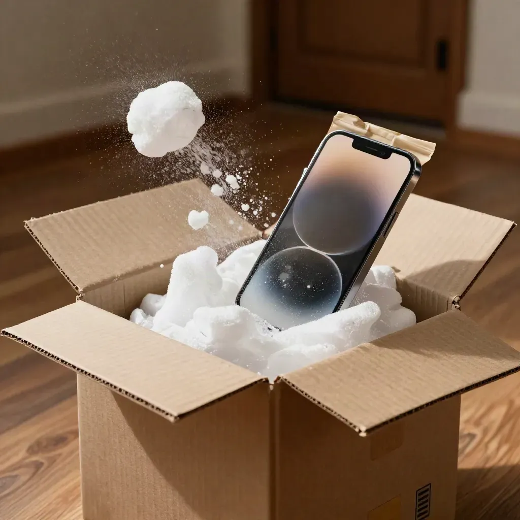 Geöffneter Retourenkarton mit Handy, Schaumstoff und Rücksendetasche auf dem Boden