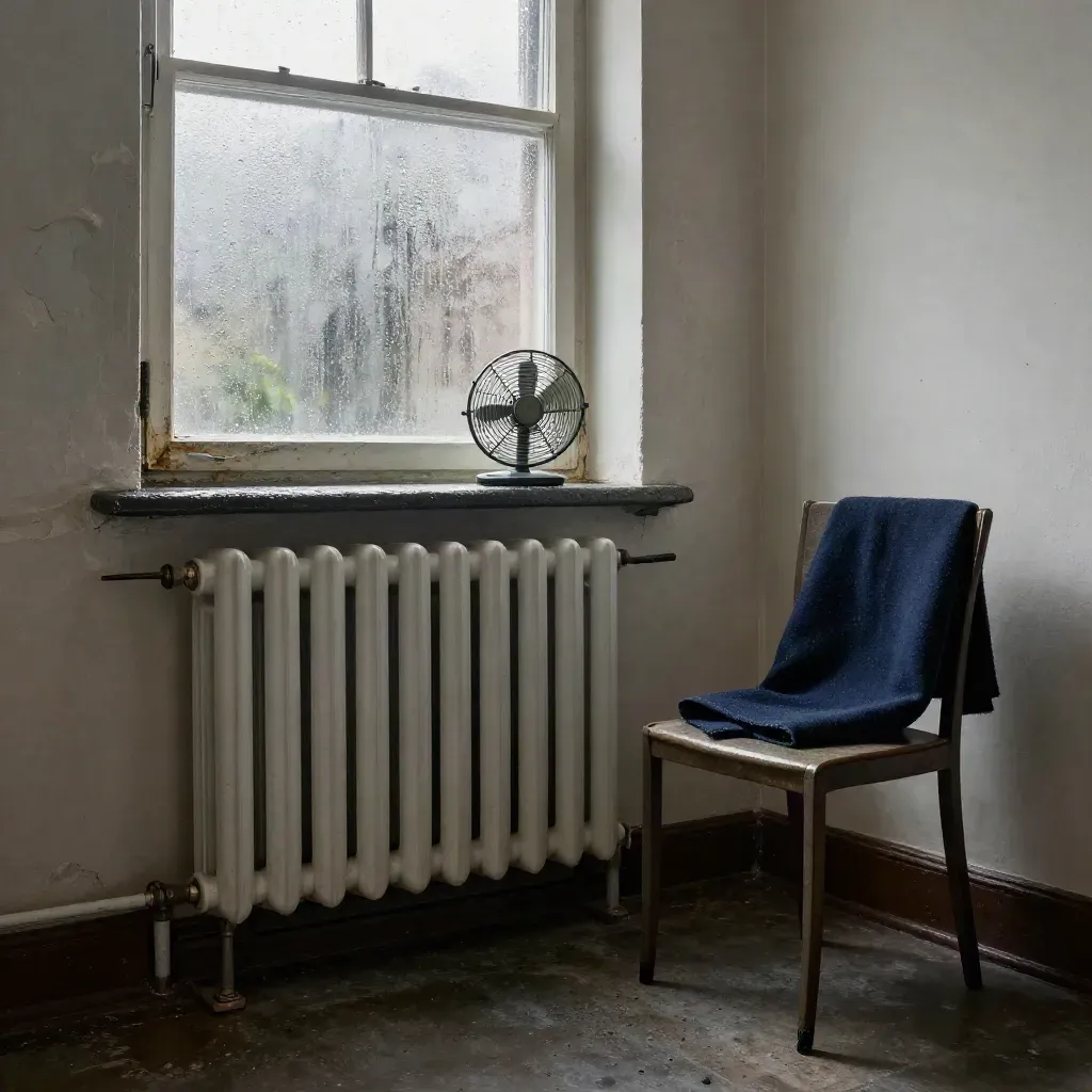 Abgeplatzte Wand, kalter Heizkörper, kleiner Ventilator und Decke am Fenster in einer kühlen Wohnung.