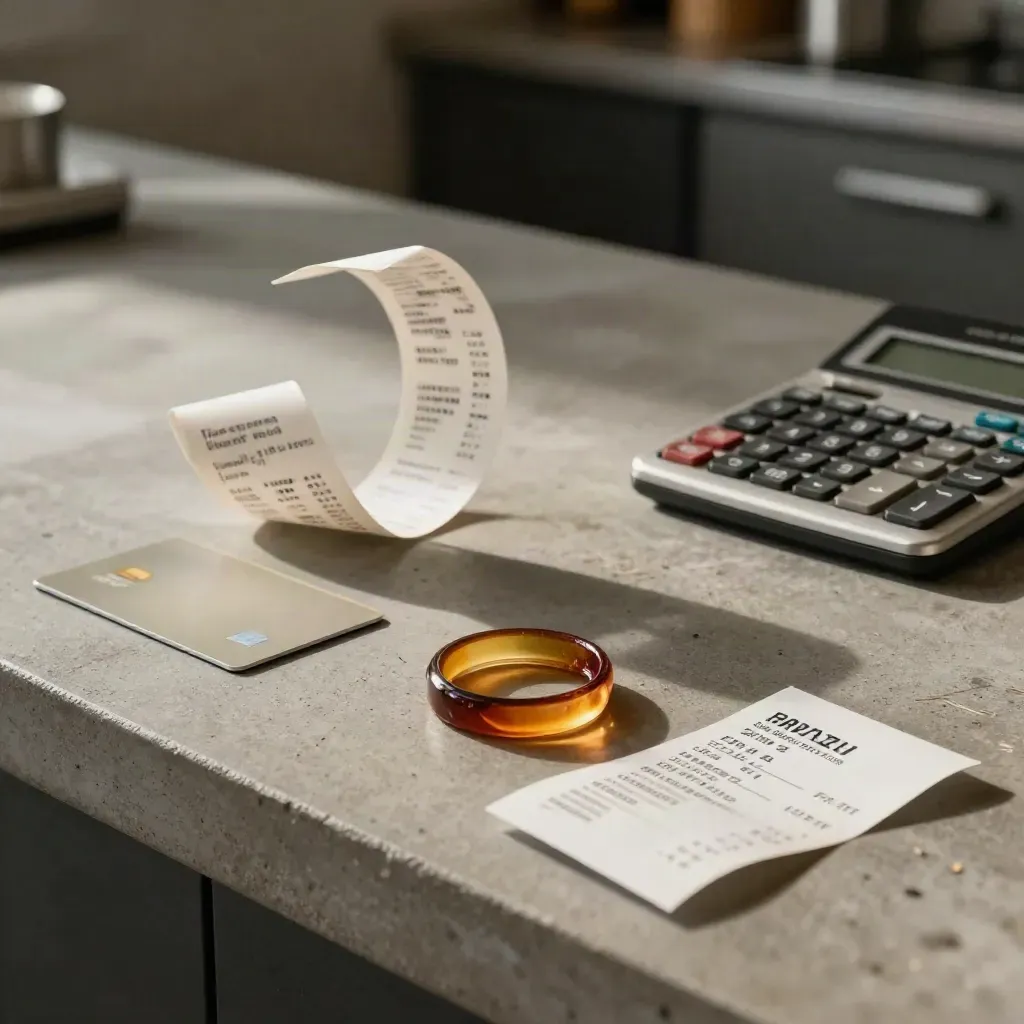 Bankkarte, Kassenbon und Taschenrechner neben Kaffeering auf grauer Fläche.