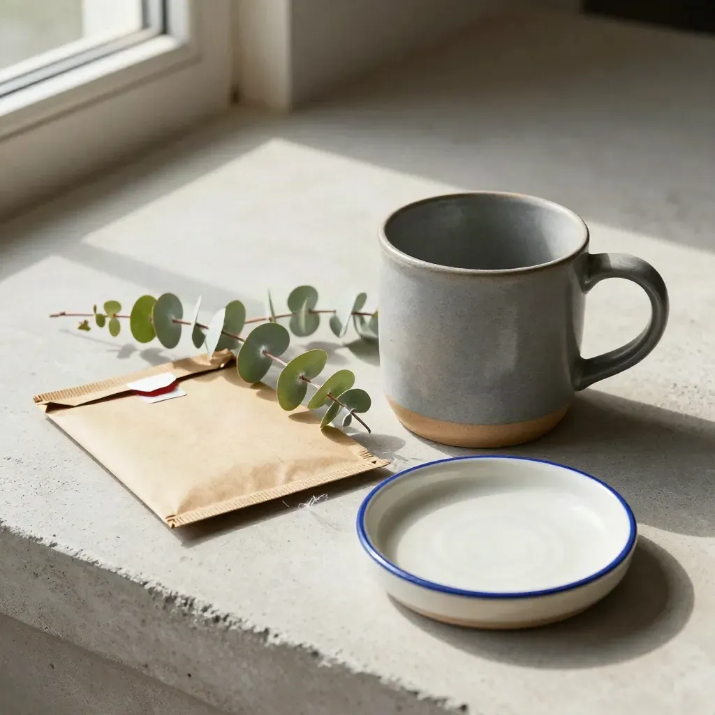 Beschädigte Steingut-Tasse, Retoure-Päckchen, Eukalyptus und Schale auf Beton.