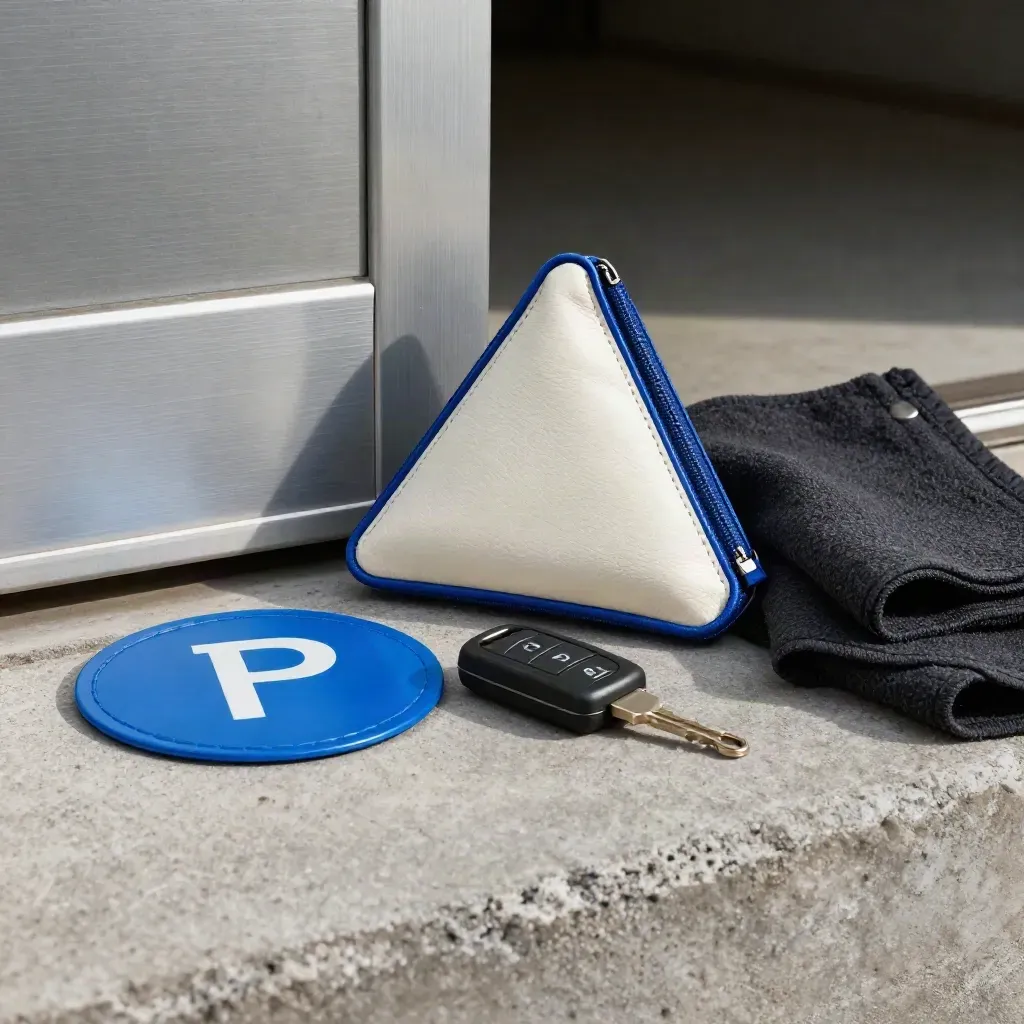 Parkscheibe, Autoschlüssel, Warndreiecktasche und dunkles Tuch auf Beton im Garagenlicht.