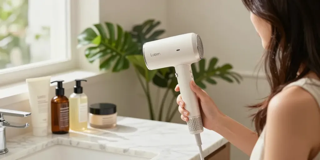 Die Laifen Föhn Haartrockner in einem stilvollen Badezimmer mit eleganten Toilettenartikeln.