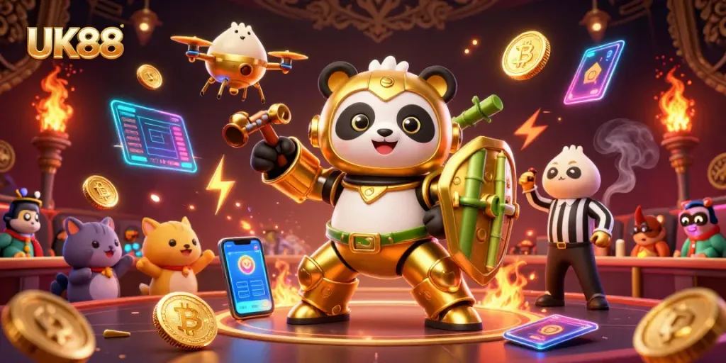 Engage with UK88's vibrant casino atmosphere featuring lively characters and glowing crypto elements.