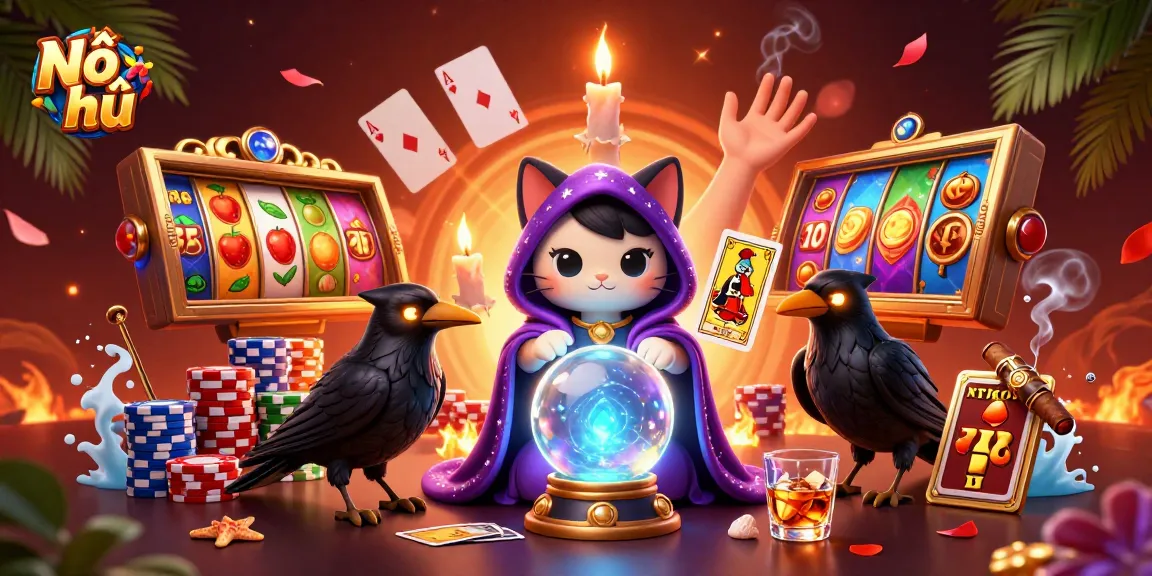 Nổ hũ spinning slot games, featuring a cartoon mystic cat and raven, surrounded by vibrant gambling elements