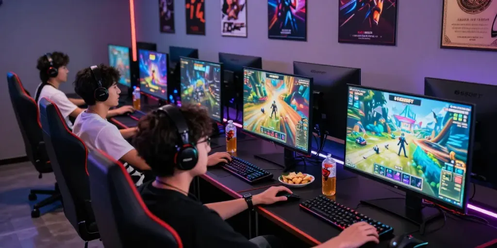 GGSoft login scene depicting gamers enjoying interactive experiences on large screens with vibrant graphics.