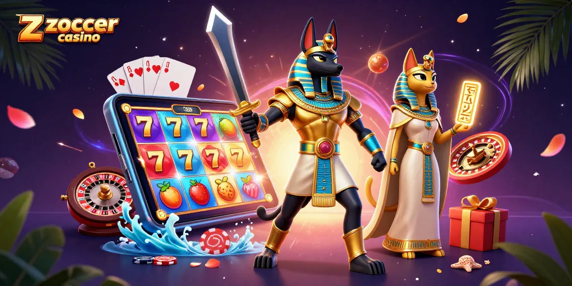 Zoccer casino showcases dynamic gameplay with an ancient Egyptian theme, featuring warrior Anubis and vibrant slot games.