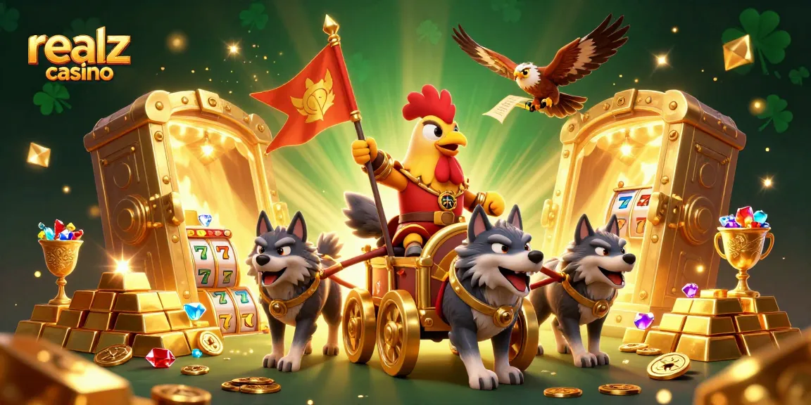Experience the excitement of realz casino with vibrant 3D illustrations of gameplay and winning symbols.