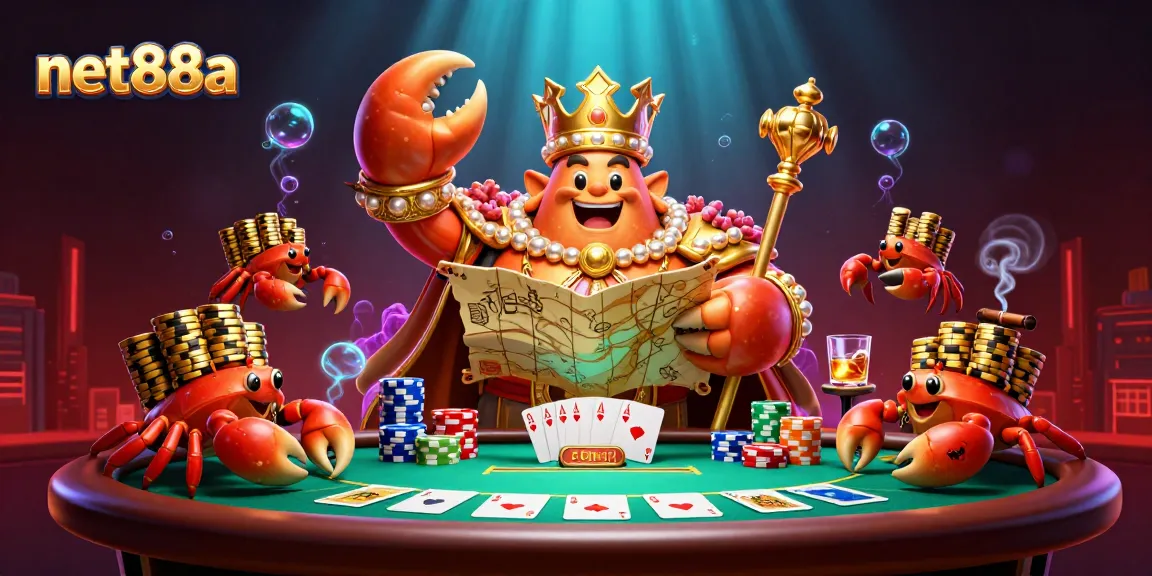 Engage with net88a's thrilling casino scene featuring a crab emperor amidst rich poker elements.