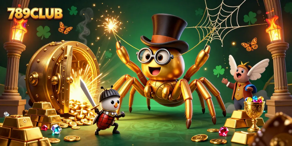 Engage with 789CLUB's exciting casino scene featuring a golden tarantula and beetle knight amidst jewels.
