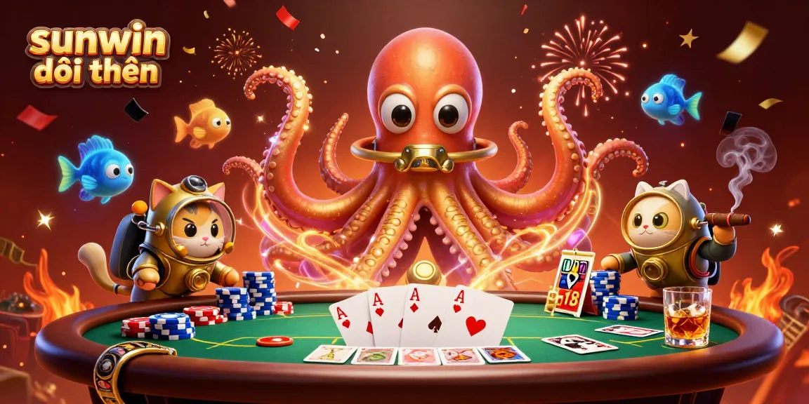 Engage with the sunwin đổi thưởng experience as a colossal kraken and diving cat explore vibrant poker elements in a dynamic 3D scene.